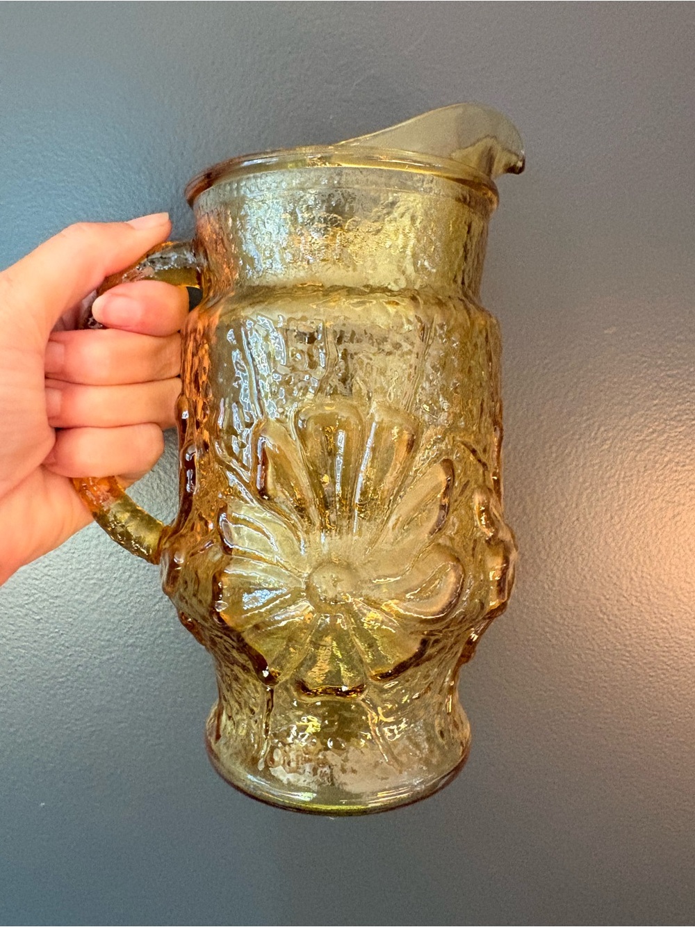 Vintage Anchor Hocking Amber Glass Floral Pitcher - Home Dining